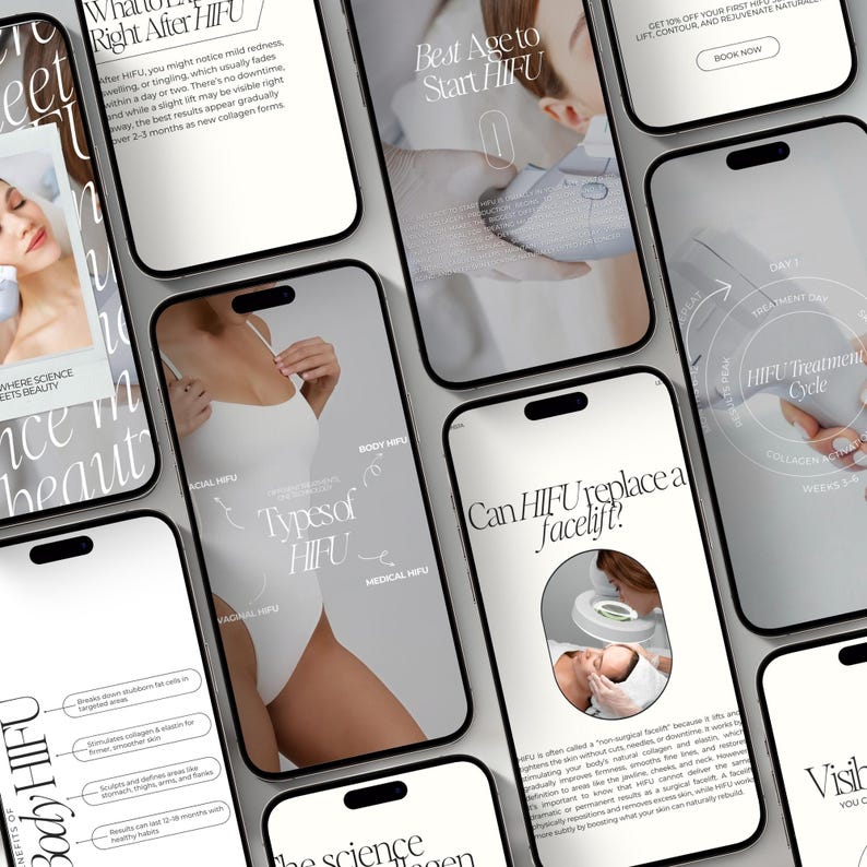 Peut inclure: Plusieurs smartphones affichent des informations sur les traitements HIFU. Les &eacute;crans pr&eacute;sentent du texte et des images li&eacute;es &agrave; la proc&eacute;dure, y compris les r&eacute;sultats, les types de HIFU et la science du collag&egrave;ne. Les t&eacute;l&eacute;phones sont dispos&eacute;s.
