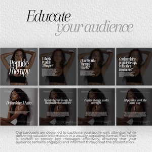 May include: A series of eight Instagram carousel slides with a black background and white text. Each slide features a woman with dark hair and a black top. The text on the slides includes "Peptide Therapy", "What is Peptide Therapy?", "How Peptide Therapy Works?", "Can I combine peptide therapy with other treatments?", "Debunking Myths", "Peptide therapy is only for bodybuilders or athletes", "Peptide therapy works overnight", and "All peptides work the same way".
