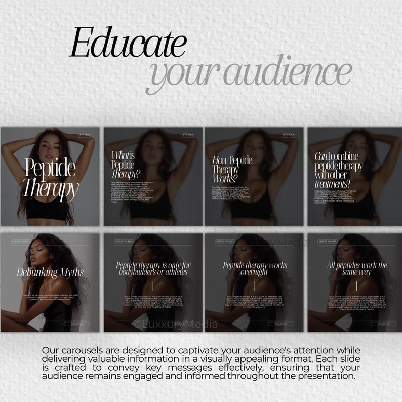 May include: A series of eight Instagram carousel slides with a black background and white text. Each slide features a woman with dark hair and a black top. The text on the slides includes "Peptide Therapy", "What is Peptide Therapy?", "How Peptide Therapy Works?", "Can I combine peptide therapy with other treatments?", "Debunking Myths", "Peptide therapy is only for bodybuilders or athletes", "Peptide therapy works overnight", and "All peptides work the same way".
