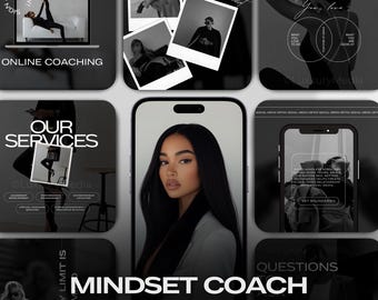 Pode incluir: Uma colagem em preto e branco de imagens que promovem serviços de coaching mental. A colagem inclui texto que diz "Nossos serviços", "Coach mental", "Postagens + Histórias correspondentes" e "Como construir um negócio".