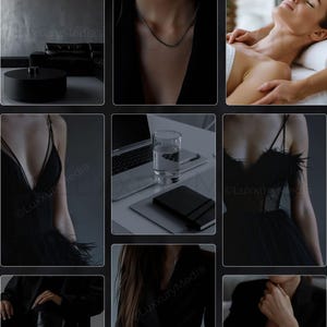 K&ouml;nnte beinhalten: Eine Sammlung von Bildern mit schwarzem Thema. Enth&auml;lt ein schwarzes Kleid mit Federbesatz, eine silberne Halskette, ein schwarzes Ledersofa, einen runden schwarzen Couchtisch, ein Glas Wasser und einen Laptop.