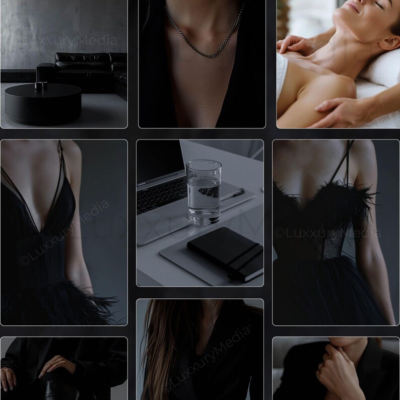 K&ouml;nnte beinhalten: Eine Sammlung von Bildern mit schwarzem Thema. Enth&auml;lt ein schwarzes Kleid mit Federbesatz, eine silberne Halskette, ein schwarzes Ledersofa, einen runden schwarzen Couchtisch, ein Glas Wasser und einen Laptop.