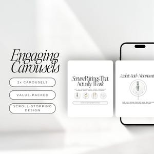 Puede incluir: Una imagen de marketing digital con el texto "Engaging Carousels" y "2x CAROUSELS", "VALUE-PACKED" y "SCROLL-STOPPING DESIGN". La imagen tambi&eacute;n muestra un tel&eacute;fono y dos tarjetas con texto sobre combinaciones de sueros.