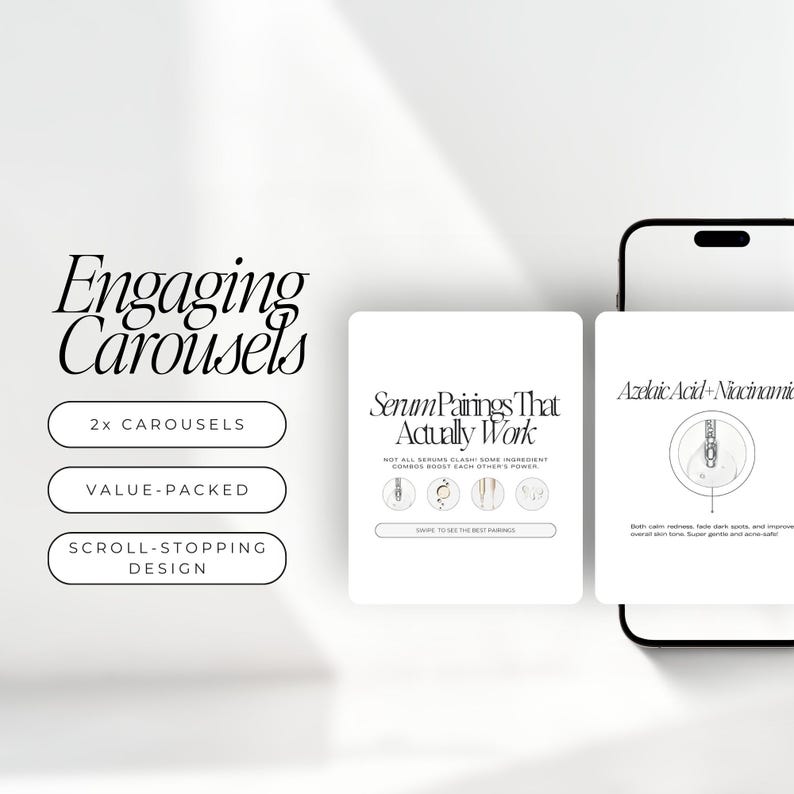 Puede incluir: Una imagen de marketing digital con el texto "Engaging Carousels" y "2x CAROUSELS", "VALUE-PACKED" y "SCROLL-STOPPING DESIGN". La imagen tambi&eacute;n muestra un tel&eacute;fono y dos tarjetas con texto sobre combinaciones de sueros.