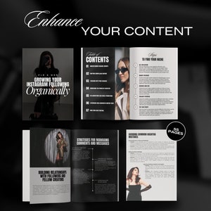 May include: A black and white ebook cover with the title "Growing Your Instagram Following Organically". The cover features a woman wearing sunglasses and a black coat. The ebook is 55 pages long and includes tips on finding your niche, managing comments and messages, and avoiding common hashtag mistakes.
