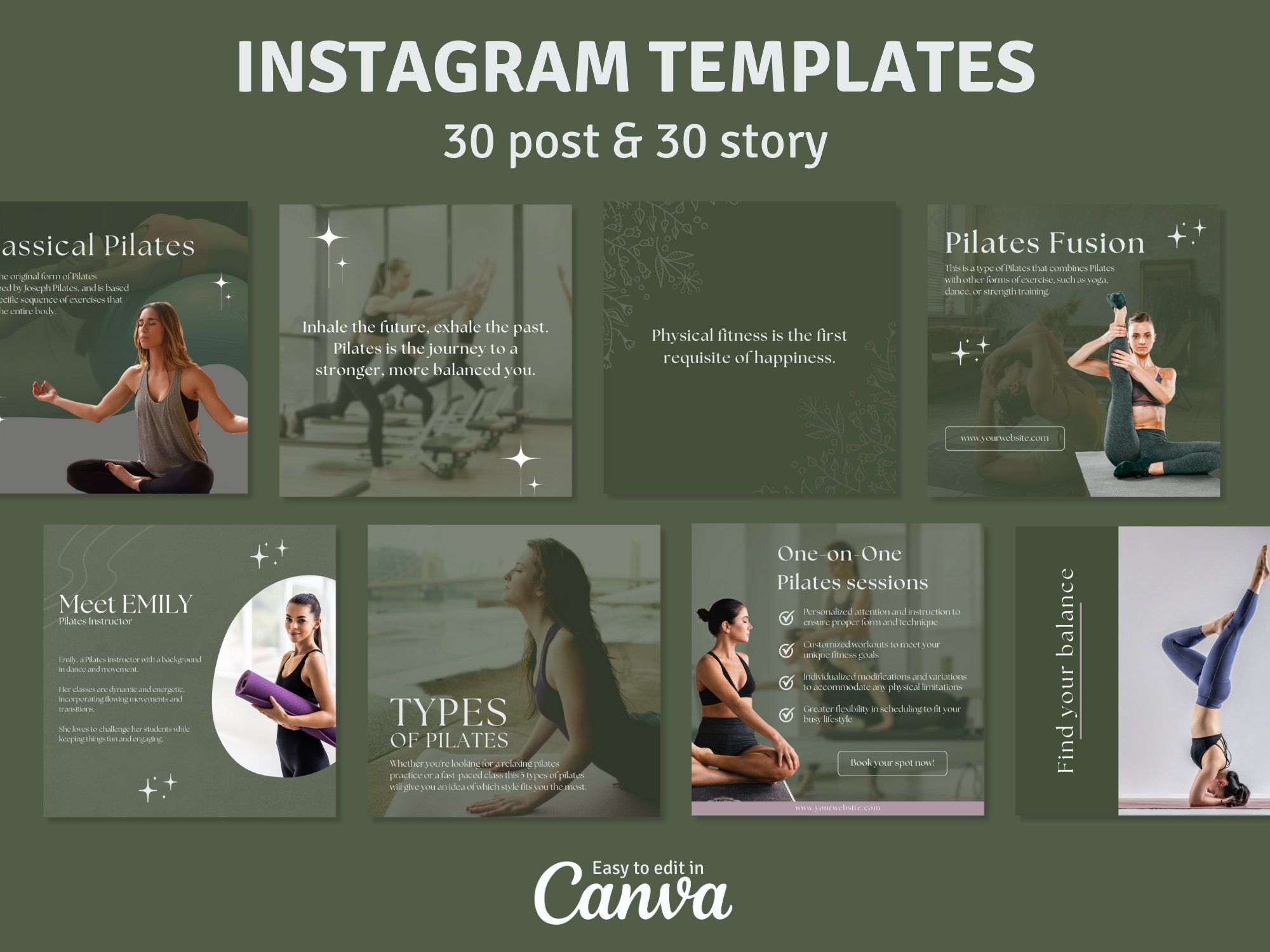 Pilates Social Media Templates Aesthetic Pilates Studio Instagram Content  Pilates Instructor Customized Canva Templates Minimalistic 