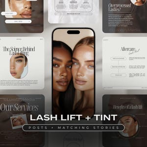 Può includere: Immagine promozionale per servizi di lifting e tinta delle ciglia. L'immagine presenta uno smartphone che mostra due donne, circondato da grafica informativa. Il testo include "Lash Lift + Tint" e "Posts + Matching Stories."