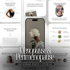 Könnte beinhalten: Eine Collage von Instagram-Posts über Menopause und Perimenopause. Die Posts beinhalten Informationen über die Wissenschaft hinter der Menopause, Gehirnnebel, Darmgesundheit, Ernährung und Knochengesundheit. Die Posts sollen informativ und hilfreich für Frauen sein, die die Menopause durchlaufen.