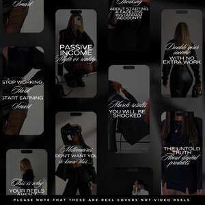 May include: Nine black and white Instagram reel covers with text overlays. The covers feature a woman in a black outfit and a black background. The text on the covers includes phrases like "Passive Income", "Double your income", "March results you will be shocked", and "The Untold Truth about digital products".