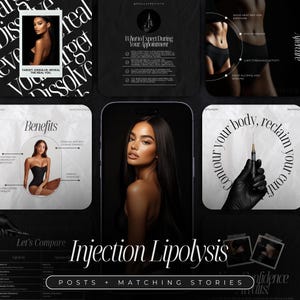 Può includere: Un design grafico per una procedura cosmetica chiamata Lipolisi ad Iniezione. Il design presenta un'immagine in bianco e nero di una siringa tenuta da una mano guantata, il viso di una donna e un elenco di vantaggi. Il testo "Contorna il tuo corpo, riacquisisci la tua fiducia" è scritto in un cerchio attorno alla siringa.