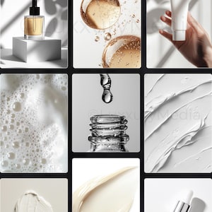 Pode incluir: Uma cole&ccedil;&atilde;o de produtos para o cuidado da pele que inclui uma garrafa de vidro transparente com um conta-gotas, um tubo de creme branco e um creme branco com um padr&atilde;o de redemoinho.