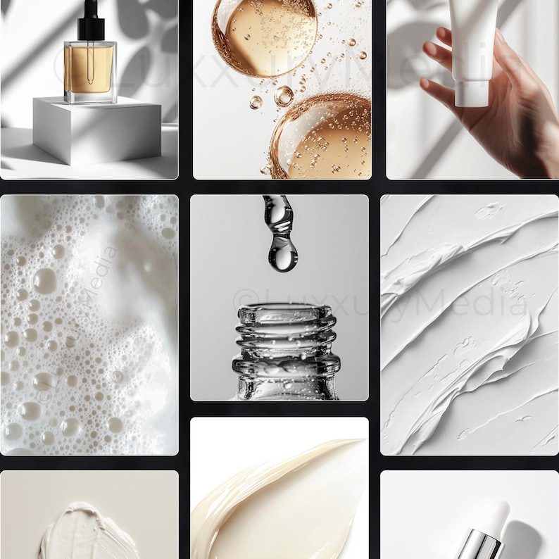 Pode incluir: Uma cole&ccedil;&atilde;o de produtos para o cuidado da pele que inclui uma garrafa de vidro transparente com um conta-gotas, um tubo de creme branco e um creme branco com um padr&atilde;o de redemoinho.