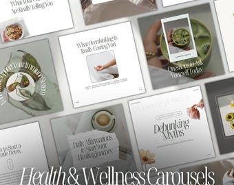 May include: A collection of Instagram posts with a health and wellness theme. The posts feature various designs with text such as "What Your Cravings Are Really Telling You" and "Debunking Myths". The image includes the text "Health & Wellness Carousels" and "70+ Instagram Posts".