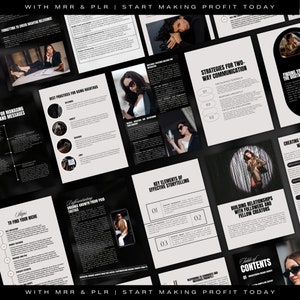May include: A black and white digital marketing guide with the title "WITH MRR & PLR | START MAKING PROFIT TODAY". The guide includes tips on finding your niche, using hashtags, building relationships with followers, and creating effective storytelling.