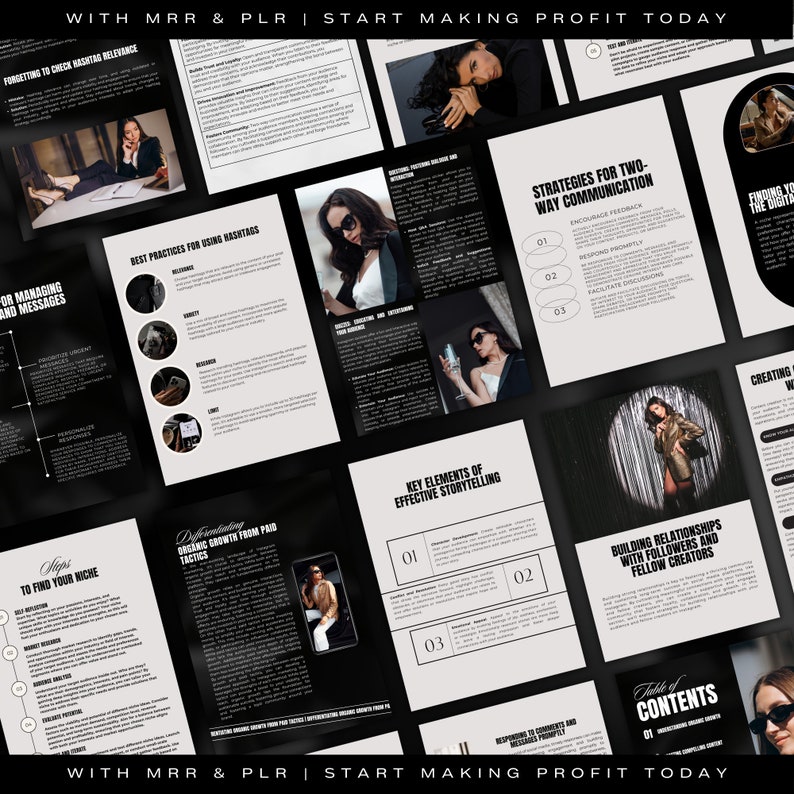 May include: A black and white digital marketing guide with the title "WITH MRR & PLR | START MAKING PROFIT TODAY". The guide includes tips on finding your niche, using hashtags, building relationships with followers, and creating effective storytelling.