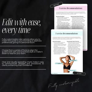May include: A customizable guide with text that reads "Edit with ease, every time". The guide features a woman wearing a black tank top and has a pink background. The guide is about exercise recommendations and how to incorporate exercise into your routine.