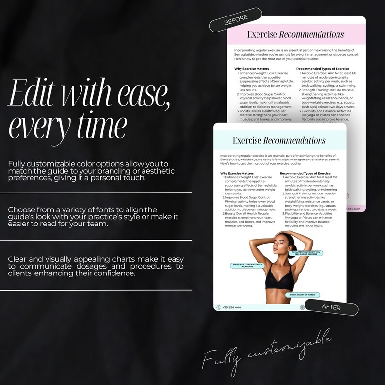 May include: A customizable guide with text that reads "Edit with ease, every time". The guide features a woman wearing a black tank top and has a pink background. The guide is about exercise recommendations and how to incorporate exercise into your routine.