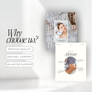 Peut inclure: Image promotionnelle pour un traitement HIFU facial. Le design comprend le texte &laquo;&nbsp;Pourquoi nous choisir&nbsp;?&nbsp;&raquo; et &eacute;num&egrave;re &laquo;&nbsp;Qualit&eacute; sup&eacute;rieure&nbsp;&raquo;, &laquo;&nbsp;Contenu original&nbsp;&raquo; et &laquo;&nbsp;Support illimit&eacute;&nbsp;&raquo;. Des cartes suppl&eacute;mentaires montrent le traitement et les instructions de suivi.