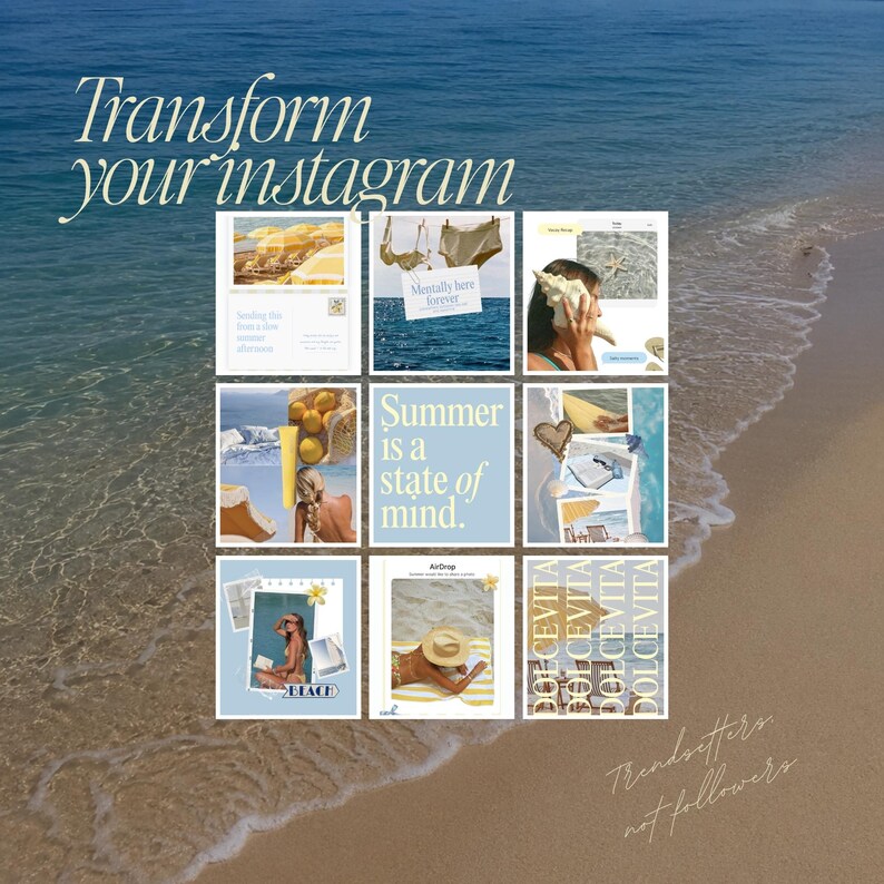 May include: A digital grid of nine square social media templates featuring summer-themed imagery, including beach scenes, seashells, sun hats, and yellow accents. The text includes phrases like Transform your instagram, Mentally here forever, Summer is a state of mind, and Dolce Vita, set against a sandy beach and ocean background.