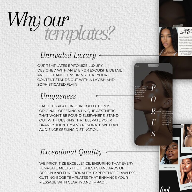 May include: A white background with black text that reads "Why our templates?" and describes the benefits of using the templates. The text includes the words "Unrivaled Luxury", "Uniqueness", and "Exceptional Quality".