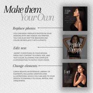 May include: A digital marketing template with three different designs. The first design features a woman's profile with the text "Weight Loss". The second design features a woman's face with the text "Peptide Therapy" and the hashtag "#LuxxuryMedia". The third design features a woman's face with the text "Fact" and a description of peptides.