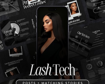 Op de afbeelding: Een zwart-witte afbeelding van een telefoonscherm met de tekst "Lash Tech" en "POSTS + MATCHING STORIES". Het telefoonscherm wordt omringd door andere zwart-witte afbeeldingen met tekst over wimperverlengingen en diensten.