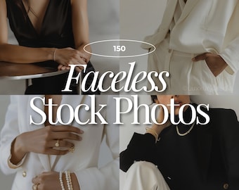 May include: A collage of four images featuring faceless models wearing different outfits and jewelry. The text "150 Faceless Stock Photos" is superimposed on the images.