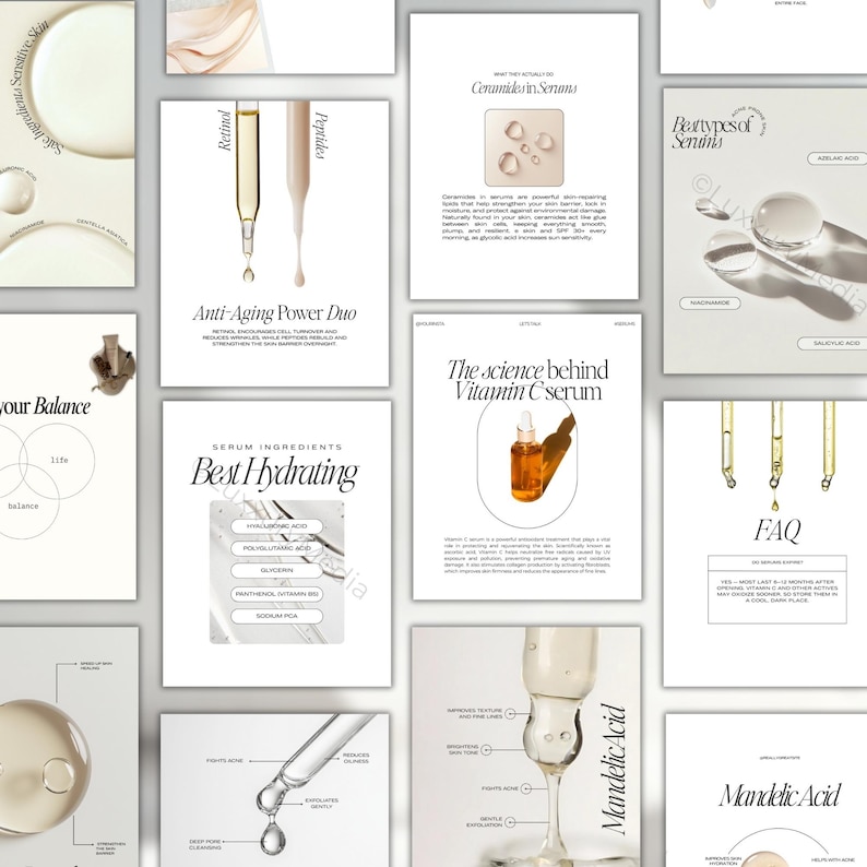 Puede incluir: Una colecci&oacute;n de tarjetas informativas sobre productos para el cuidado de la piel. Las tarjetas presentan texto e im&aacute;genes de sueros, ingredientes y preguntas frecuentes. La paleta de colores es neutra, con fondos blancos y botellas y cuentagotas de suero de color &aacute;mbar.
