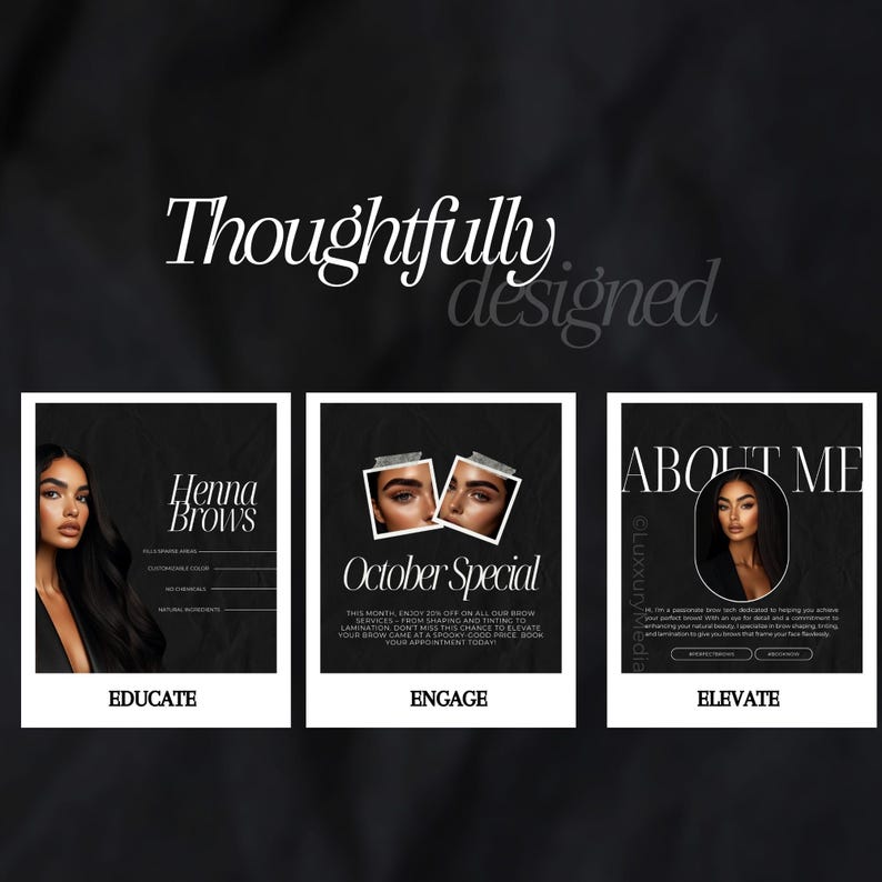 May include: Three black and white Instagram post templates for a beauty business. The first post features a woman with henna brows and the text "Henna Brows". The second post features a photo of two eyebrows and the text "October Special". The third post features a woman with a neutral expression and the text "About Me".