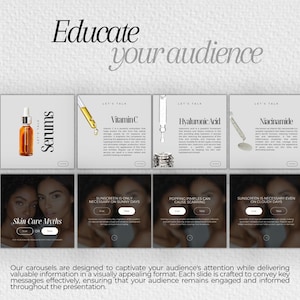 May include: A series of six Instagram carousel slides with a white background and black text. The first slide features a bottle of serum with the text "Serums" in a black box. The second slide features a dropper bottle with the text "Vitamin C" in a black box. The third slide features a bottle of serum with the text "Hyaluronic Acid" in a black box. The fourth slide features a bottle of serum with the text "Niacinamide" in a black box. The fifth slide features two women with the text "Skin Care Myths" in a black box. The sixth slide features the text "Sunscreen is only necessary on sunny days" in a black box.
