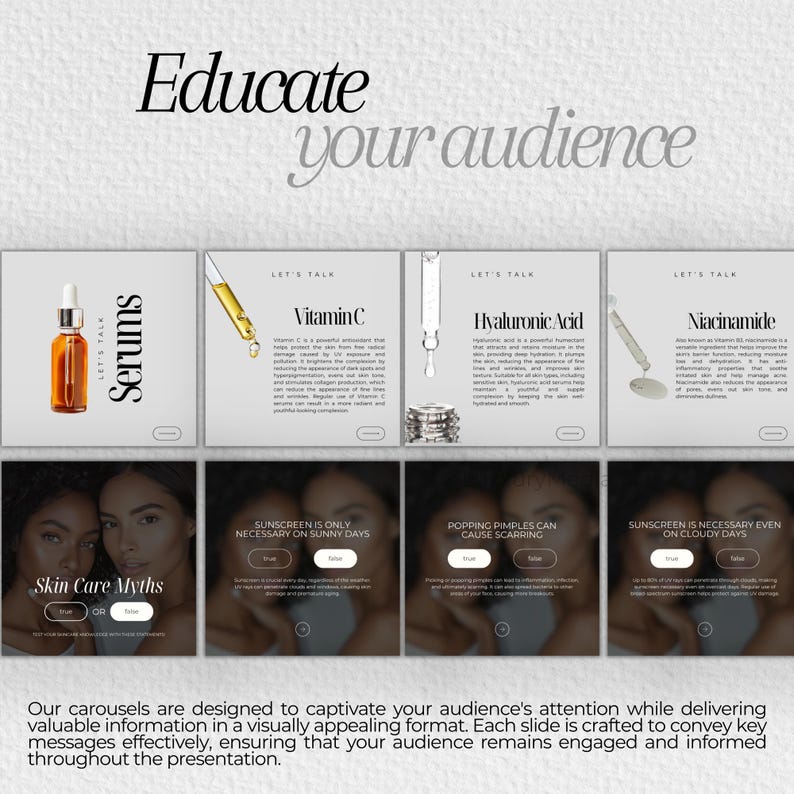 May include: A series of six Instagram carousel slides with a white background and black text. The first slide features a bottle of serum with the text "Serums" in a black box. The second slide features a dropper bottle with the text "Vitamin C" in a black box. The third slide features a bottle of serum with the text "Hyaluronic Acid" in a black box. The fourth slide features a bottle of serum with the text "Niacinamide" in a black box. The fifth slide features two women with the text "Skin Care Myths" in a black box. The sixth slide features the text "Sunscreen is only necessary on sunny days" in a black box.