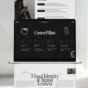 May include: A laptop screen displaying a presentation about content pillars for a brand. The pillars are Education & Value, Behind the Brand, Client Success & Social Proof, and Community & Conversation. The presentation also includes a visual identity and brand aesthetic section with the words "Visual Identity & Brand Aesthetic" in bold, black text.