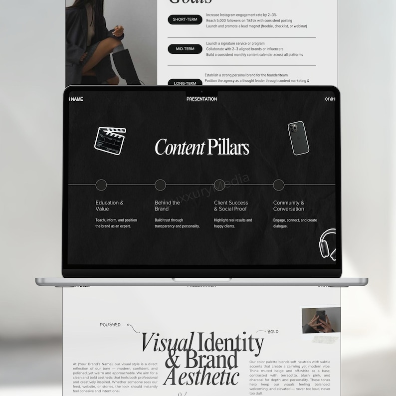 May include: A laptop screen displaying a presentation about content pillars for a brand. The pillars are Education & Value, Behind the Brand, Client Success & Social Proof, and Community & Conversation. The presentation also includes a visual identity and brand aesthetic section with the words "Visual Identity & Brand Aesthetic" in bold, black text.