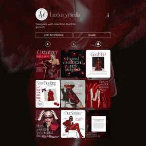 Puede incluir: Una página de perfil de redes sociales con una combinación de colores rojo y blanco. El perfil presenta un logotipo, el texto "Luxxurymedia" y varias imágenes cuadradas con texto y fotos. Las imágenes incluyen texto como "Consistency builds authority" y "Good SEO".