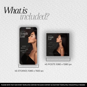 May include: A black and white graphic design template for social media posts and stories. The template features a woman's face and the text "Top Peptides Weight Loss". The template is available in two sizes: 1080 x 1080 pixels for posts and 1080 x 1920 pixels for stories.