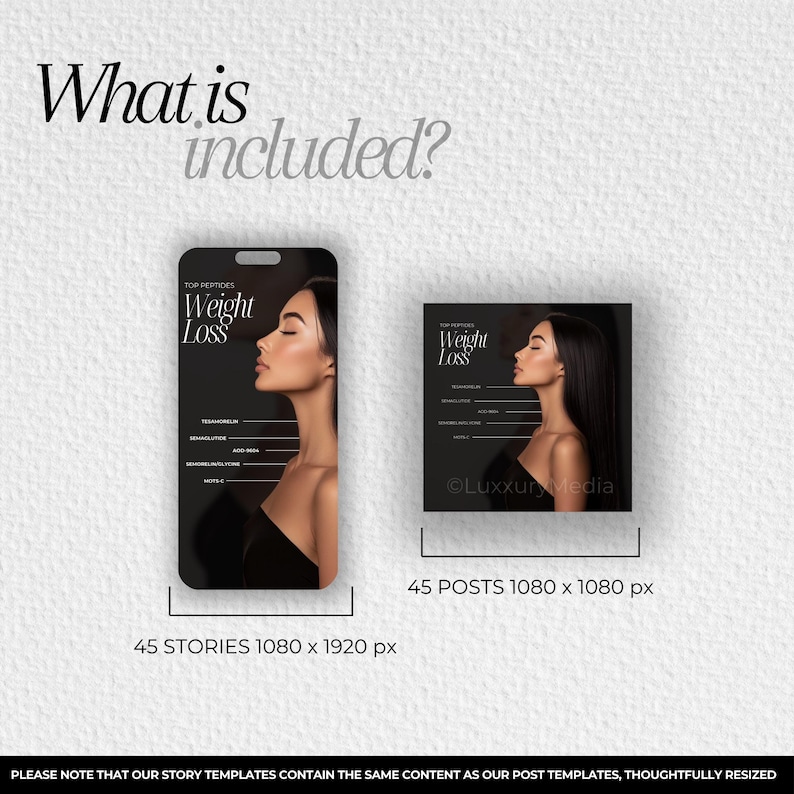 May include: A black and white graphic design template for social media posts and stories. The template features a woman's face and the text "Top Peptides Weight Loss". The template is available in two sizes: 1080 x 1080 pixels for posts and 1080 x 1920 pixels for stories.