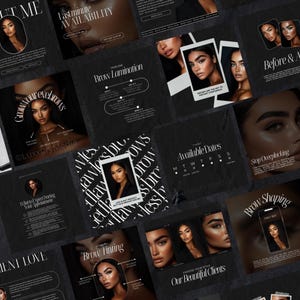 May include: A collection of social media graphics for a brow lamination business. The graphics feature images of women with beautifully shaped eyebrows, along with text about brow lamination, brow tinting, brow shaping, and available dates. The graphics are designed in a minimalist style with black and white colors.