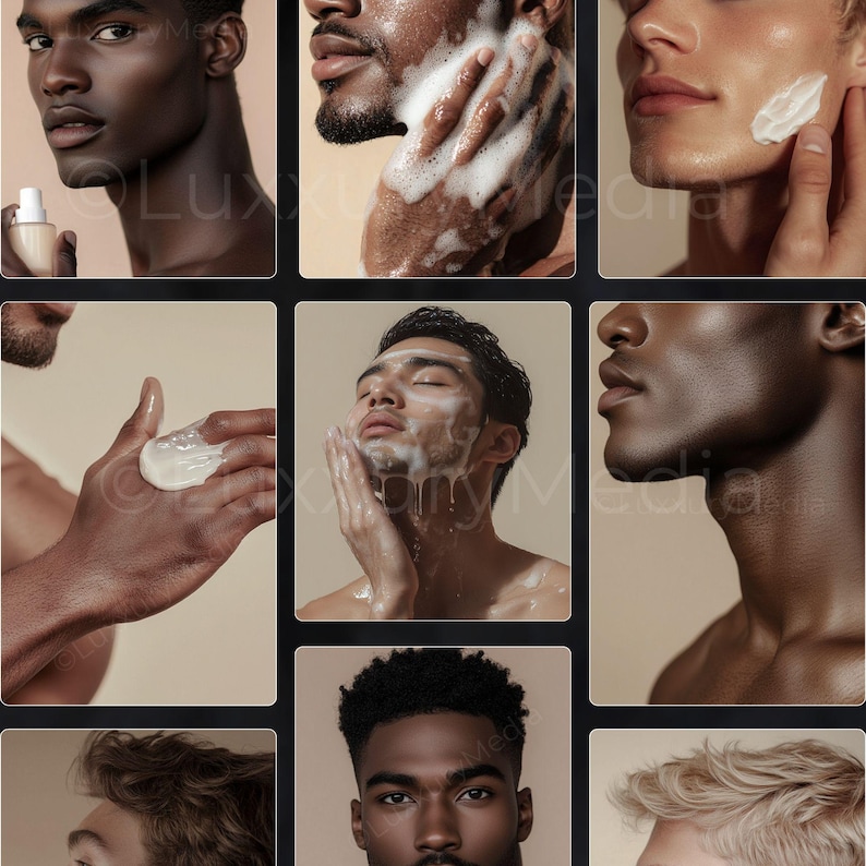 May include: A collage of images showing different men applying skincare products to their faces. The images show close-ups of the men's faces and hands, and the products being used are visible.