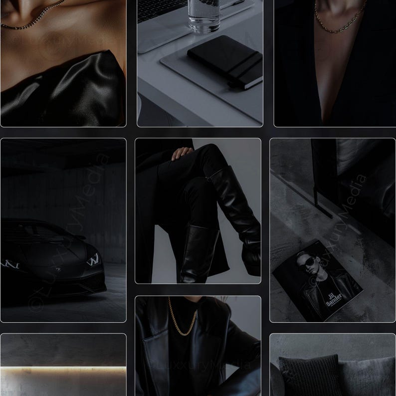 K&ouml;nnte beinhalten: Eine Collage von Bildern mit einem monochromen Thema. Die Bilder zeigen einen schwarzen Sportwagen, goldene Halsketten, eine schwarze Lederjacke, ein schwarzes Notizbuch und ein Magazin. Die Gesamt&auml;sthetik ist dunkel und luxuri&ouml;s.