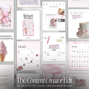 Op de afbeelding: Een verzameling roze en witte esthetische Instagram-posttemplates. De templates bevatten tekst zoals "Skincare Wishlist", "Life Lately" en "tiny luxuries OF BEING A GIRL". Het algemene thema is vrouwelijk en lifestyle-georiënteerd.