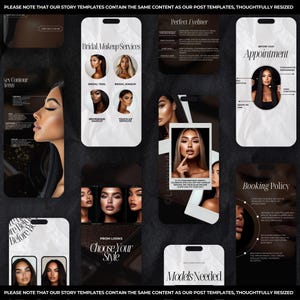 Puede incluir: Un collage de nueve plantillas de historias de Instagram para una maquilladora. Las plantillas presentan un fondo blanco con texto negro e im&aacute;genes de modelos con maquillaje. Las plantillas incluyen informaci&oacute;n sobre servicios de maquillaje nupcial, delineador de ojos perfecto, pol&iacute;tica de reservas y modelos necesarios.