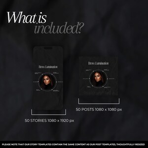 May include: A black and white graphic design template for social media posts and stories about brow lamination. The template features a woman with dark hair and a neutral expression. The text "Brow Lamination" is displayed in a white sans-serif font. The text "LuxxuryMedia" is displayed in a white sans-serif font. The template includes 50 posts at 1080 x 1080 pixels and 50 stories at 1080 x 1920 pixels.