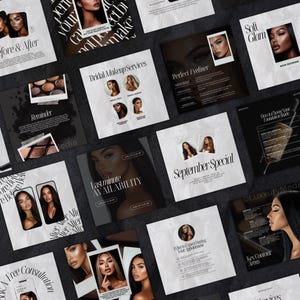 Puede incluir: Una colecci&oacute;n de gr&aacute;ficos de redes sociales para una maquilladora. Los gr&aacute;ficos presentan im&aacute;genes de modelos con diferentes looks de maquillaje, as&iacute; como texto sobre los servicios de la artista, como maquillaje de novia, disponibilidad de &uacute;ltima hora y una oferta especial de septiembre. Los gr&aacute;ficos est&aacute;n dise&ntilde;ados en un esquema de color blanco y negro con una est&eacute;tica moderna.