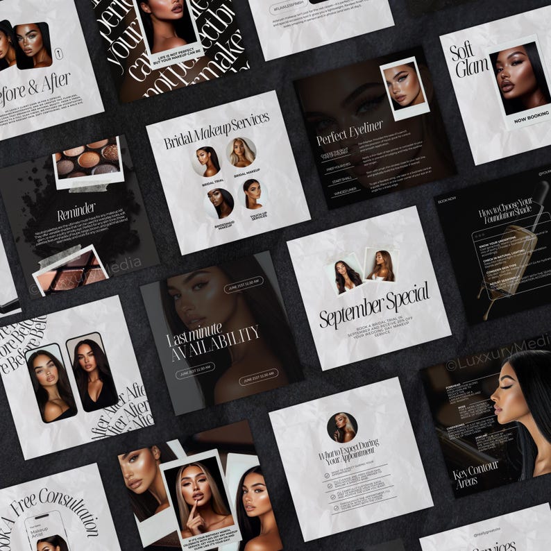 Puede incluir: Una colecci&oacute;n de gr&aacute;ficos de redes sociales para una maquilladora. Los gr&aacute;ficos presentan im&aacute;genes de modelos con diferentes looks de maquillaje, as&iacute; como texto sobre los servicios de la artista, como maquillaje de novia, disponibilidad de &uacute;ltima hora y una oferta especial de septiembre. Los gr&aacute;ficos est&aacute;n dise&ntilde;ados en un esquema de color blanco y negro con una est&eacute;tica moderna.