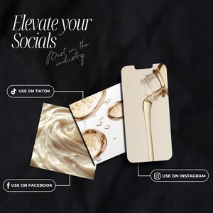 Pode incluir: Um design gr&aacute;fico com o texto "Elevate your Socials Best in the industry" em branco sobre fundo preto. Existem tr&ecirc;s imagens de produtos de beleza, uma de creme, uma de soro e uma de uma garrafa despejando soro. O texto "USE ON TIKTOK", "USE ON FACEBOOK" e "USE ON INSTAGRAM" est&aacute; abaixo das imagens.