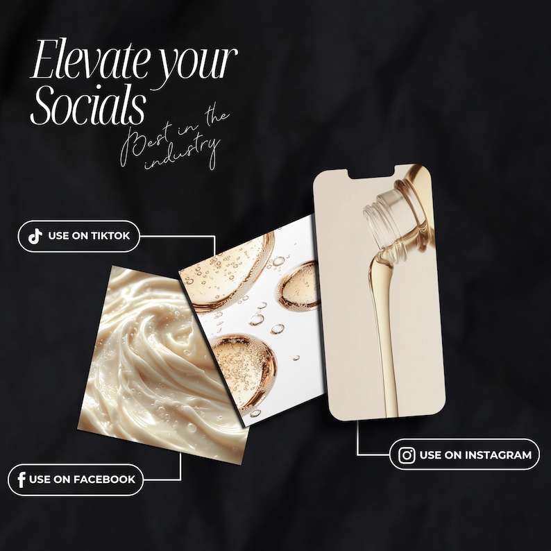 Pode incluir: Um design gr&aacute;fico com o texto "Elevate your Socials Best in the industry" em branco sobre fundo preto. Existem tr&ecirc;s imagens de produtos de beleza, uma de creme, uma de soro e uma de uma garrafa despejando soro. O texto "USE ON TIKTOK", "USE ON FACEBOOK" e "USE ON INSTAGRAM" est&aacute; abaixo das imagens.