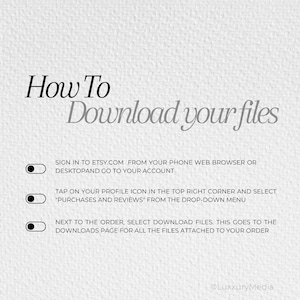 May include: A white background with black text and three black circles with white checkmarks. The text reads "How To Download Your Files". The steps to download files from Etsy are listed below the title.