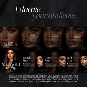 May include: A series of images showing different face shapes and how brow lamination can enhance them. The text reads "Educate your audience" and "Brow Lamination 101".