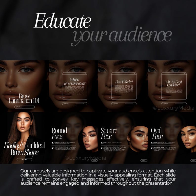 May include: A series of images showing different face shapes and how brow lamination can enhance them. The text reads "Educate your audience" and "Brow Lamination 101".