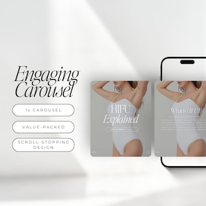 Peut inclure: Image pr&eacute;sentant un concept de marketing num&eacute;rique. Les mots "Engaging Carousel" sont affich&eacute;s dans une &eacute;criture &eacute;l&eacute;gante. En dessous, trois boutons rectangulaires indiquent "1x CAROUSEL", "VALUE-PACKED" et "SCROLL-STOPPING DESIGN". Deux maquettes de t&eacute;l&eacute;phone affichent les mots "HIFU Explained" et "What is HIFU?"